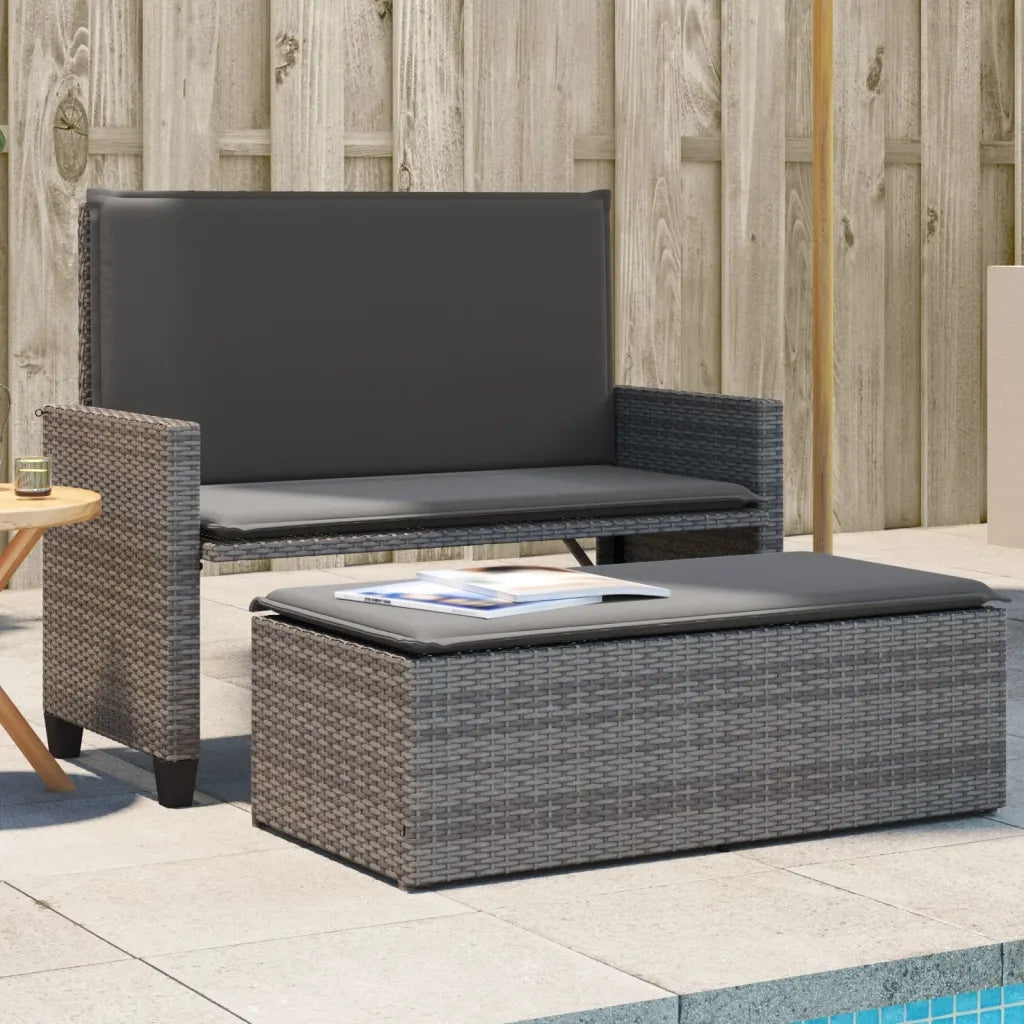 Panca da Giardino con Cuscini e Poggiapiedi-Sgabello-Panca da esterno Grigia Polyrattan