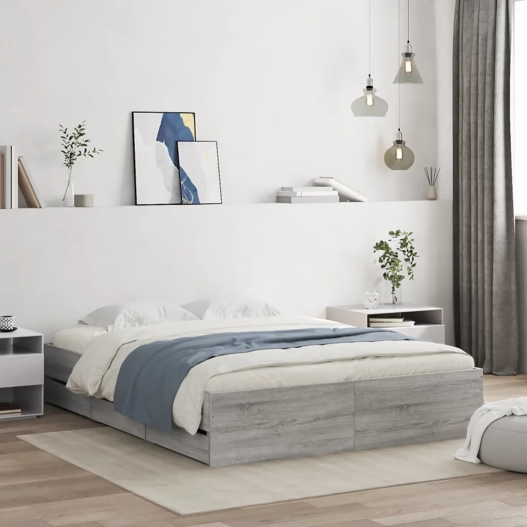Letto matrimoniale | Letto per adulti | Giroletto Cassetti Grigio Sonoma 150x200 cm Legno Multistrato