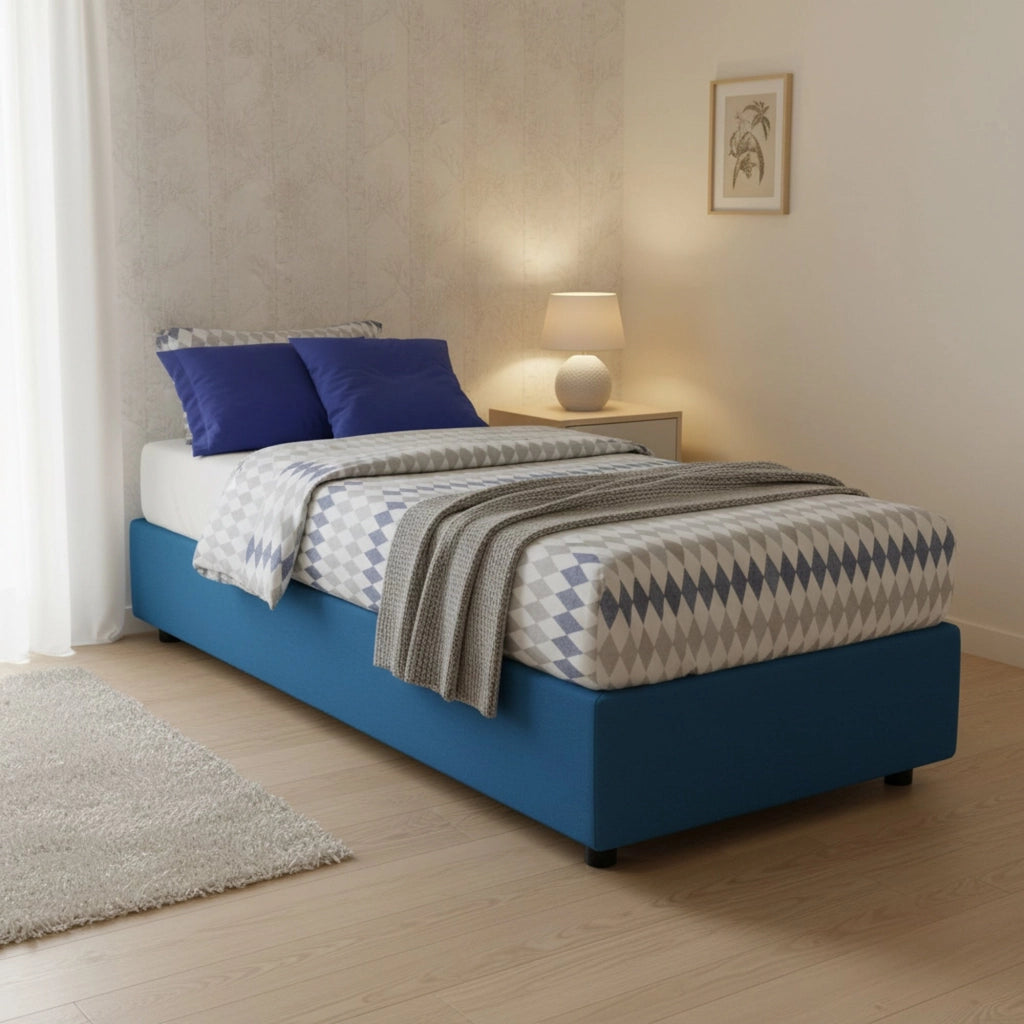 Letto singolo Aquolina, Letto contenitore con rivestimento in tessuto, Made in Italy, Apertura frontale, adatto per materasso cm 80x190, Blu