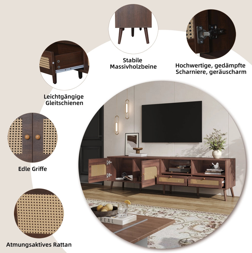 Mobile TV moderno con ante in rattan e 2 cassetti