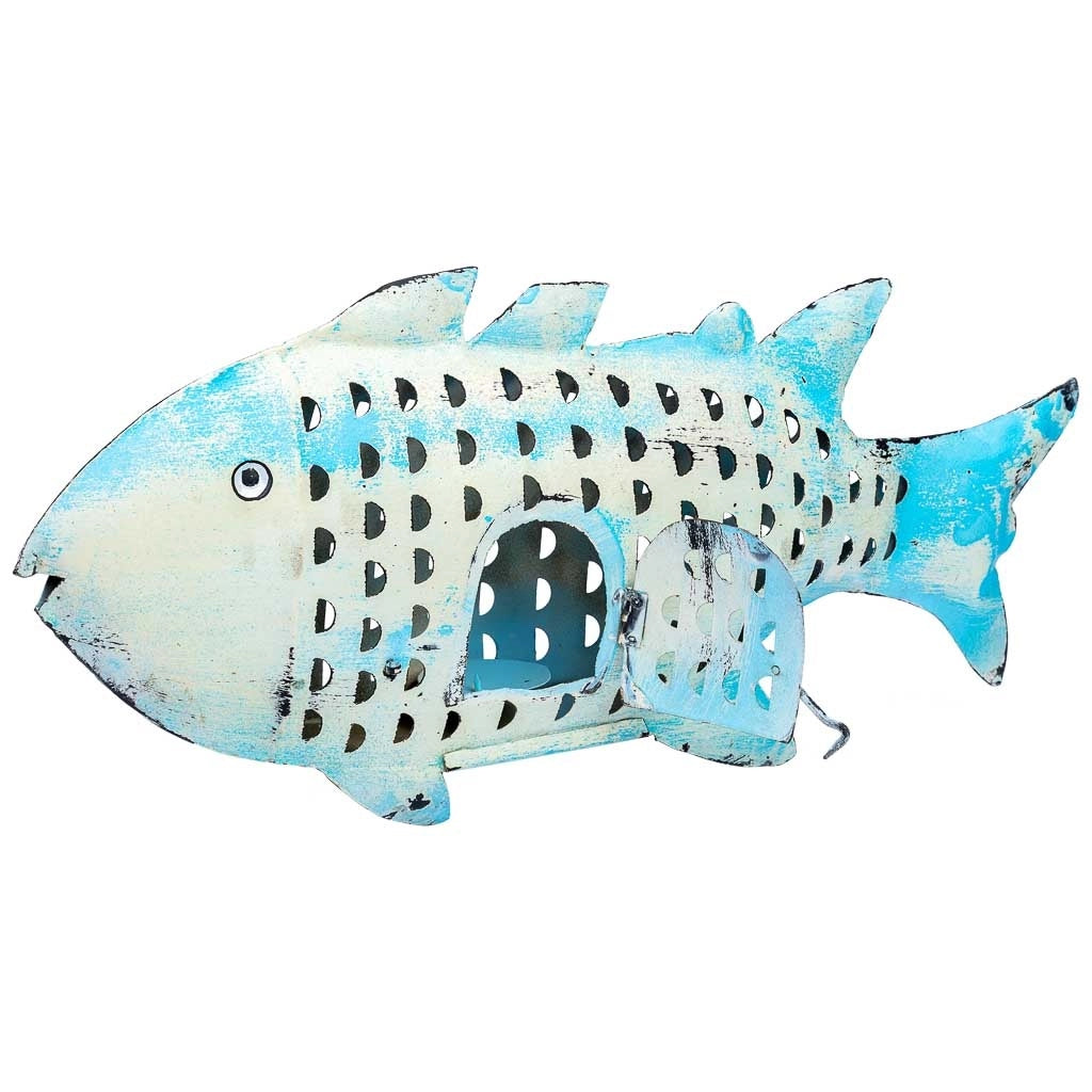 Portacandele pesce in metallo invecchiato blu 60x10x28h cm