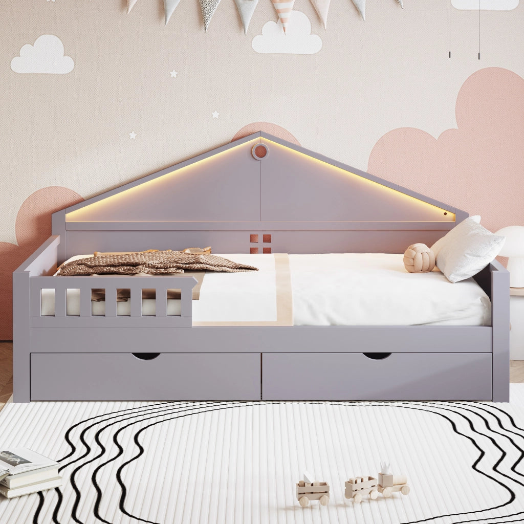 Letto singolo 90×200 cm con 2 cassetti; LED e struttura in legno massello e MDF; senza materasso; grigio
