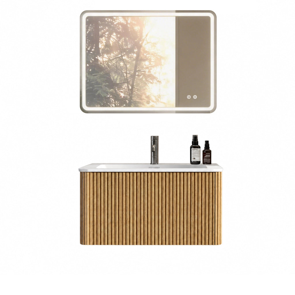 Mobile bagno con specchio LED e lavabo integrato; sospeso con bordi arrotondati e finitura rigata; rovere