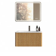 Mobile bagno con specchio LED e lavabo integrato; sospeso con bordi arrotondati e finitura rigata; rovere