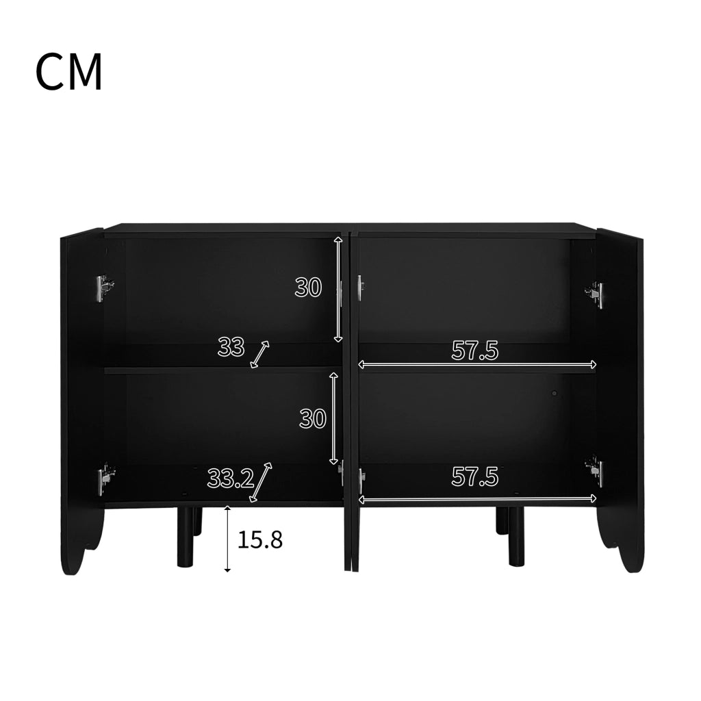 Credenza a 4 ante con intagli a goccia, ripiani interni e cerniere ammortizzate, MDF nero 120 × 37,5 × 80,8 cm