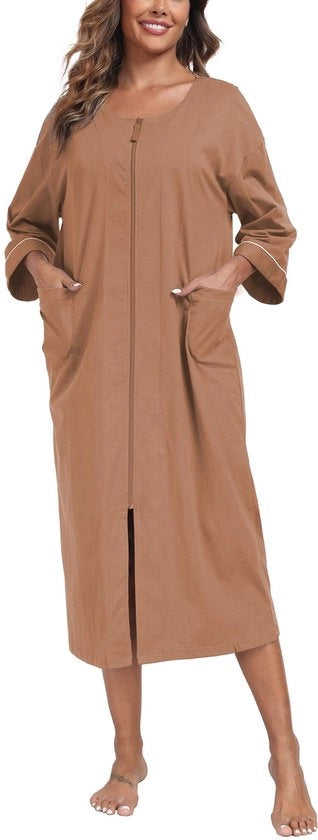 Camicia da bagno donna con zip, 100% cotone, camicia leggera, donna, lunga con tasche, taglia M-XXL (marrone, M)