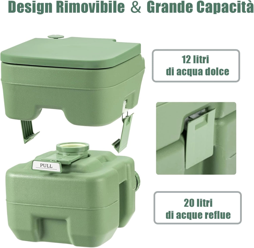 WC Portatile 20L, Bagno Chimico con 2 Serbatoi Rimovibili, Coperchio Anti-Odore, Maniglia, Carico Massimo 150 KG, Toilette Portatile per Campeggio, Viaggi, Auto, 36 X 42 X 43 CM (Verde)