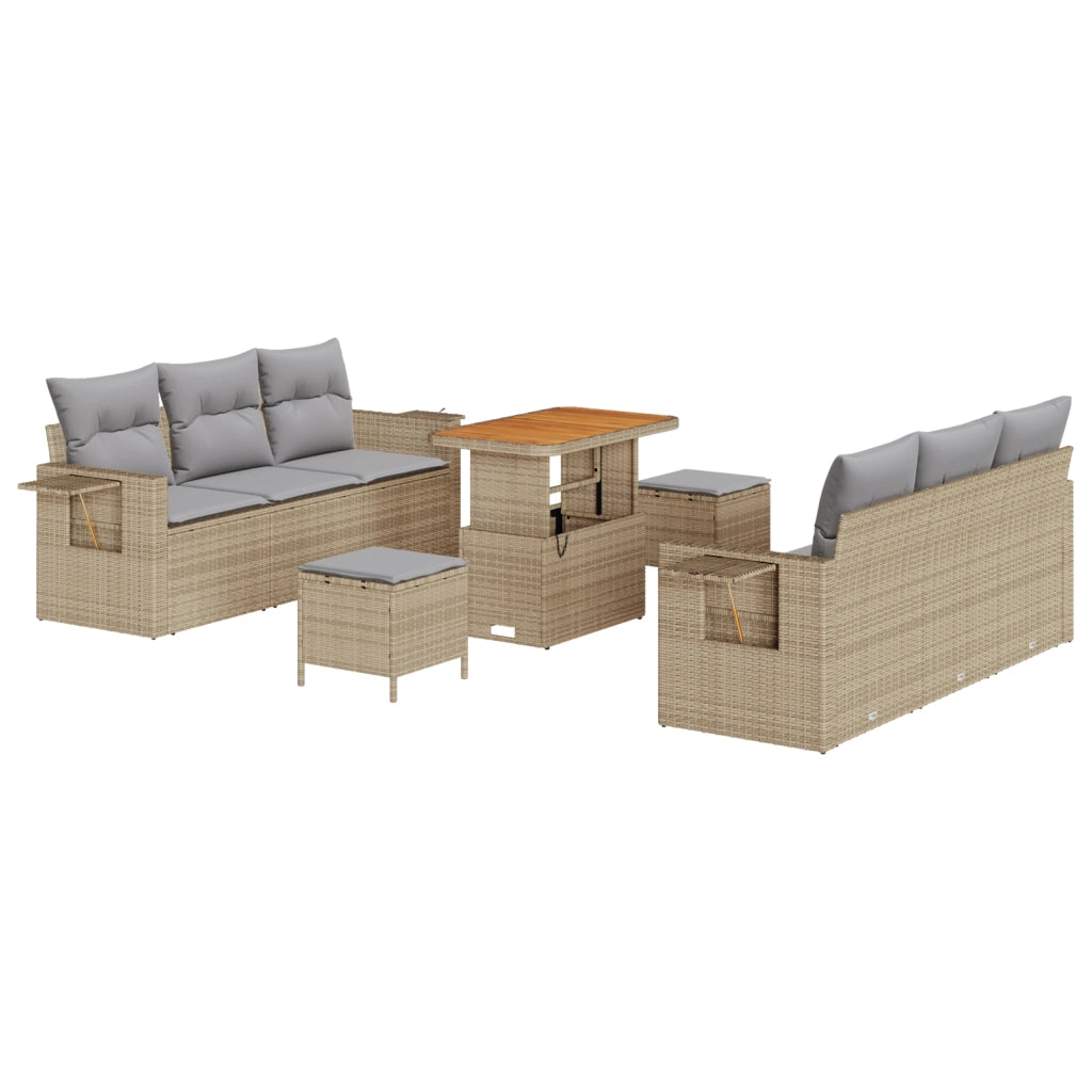 Set di SofÃ  da Giardino 9 Pezzi con Cuscini Beige Rattan Polimerico Acacia