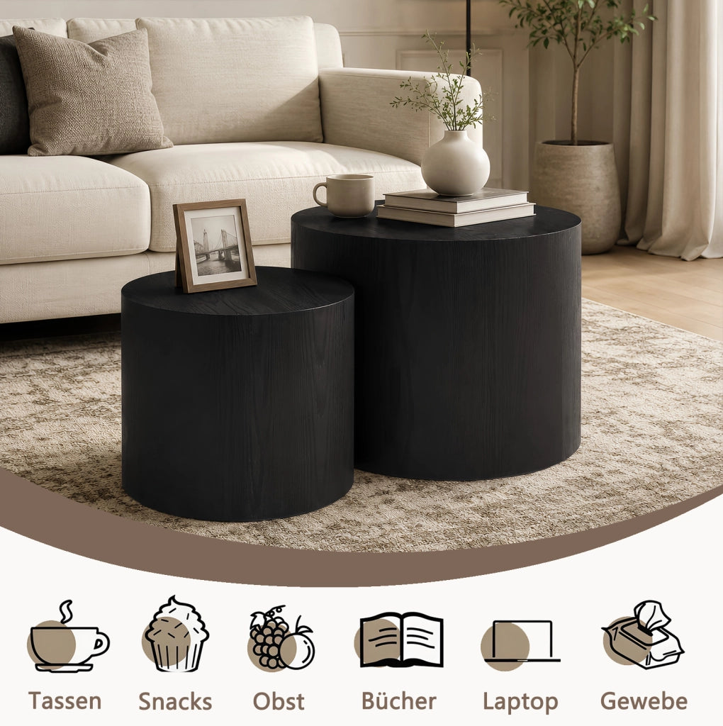 Set di 2 tavolini rotondi nidificabili in MDF nero