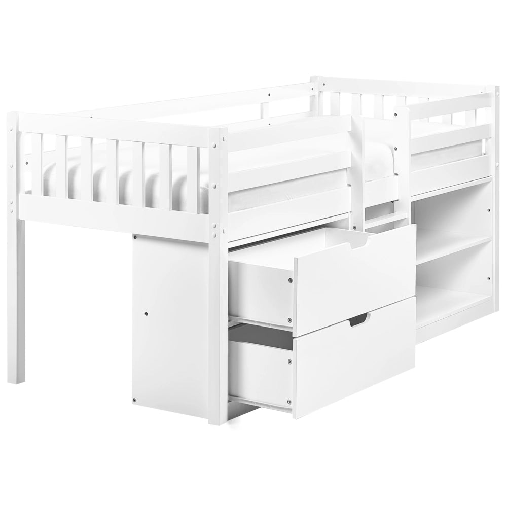 Letto per bambini in legno bianco UE misura singola 90 x 200 cm con telaio a doghe cassetti e ripiani letto per bambini piccoli
