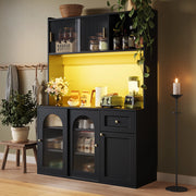 OKWISH Madia Alta Vetrina con Ante Scorrevoli in Vetro e Ripiani Regolabili, LED, per Cucina, Nero, 120×35×167 cm