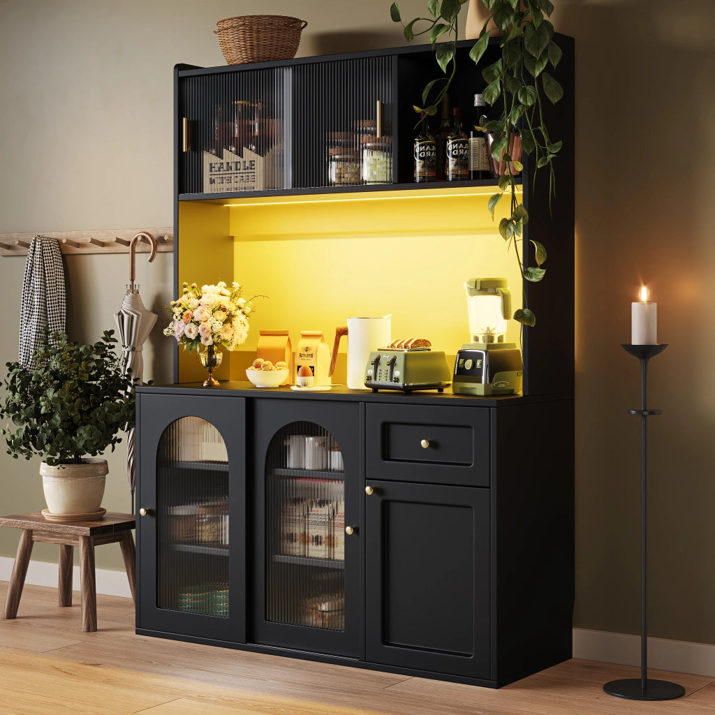 OKWISH Madia Alta Vetrina con Ante Scorrevoli in Vetro e Ripiani Regolabili, LED, per Cucina, Nero, 120×35×167 cm