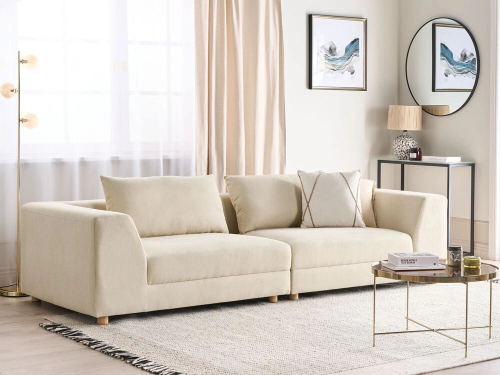 Divano Tessuto Beige Poliestere Imbottito Divano 3 Posti Cuscini Braccioli Soggiorno Moderno Confortevole Accogliente