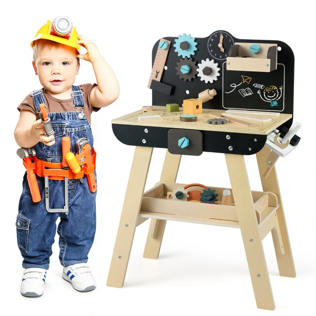 Banco da lavoro per bambini officina con strumenti in legno e accessori giocattolo, Banco set da gioco con attrezzi per bambini