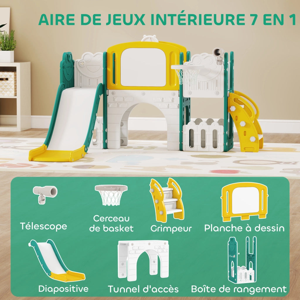 Scivolo 7 in 1 per bambini con canestro basket, telescopio, contenitore, tunnel, parete da arrampicata, tavolo da disegno ¨C Xylo ¨C giallo