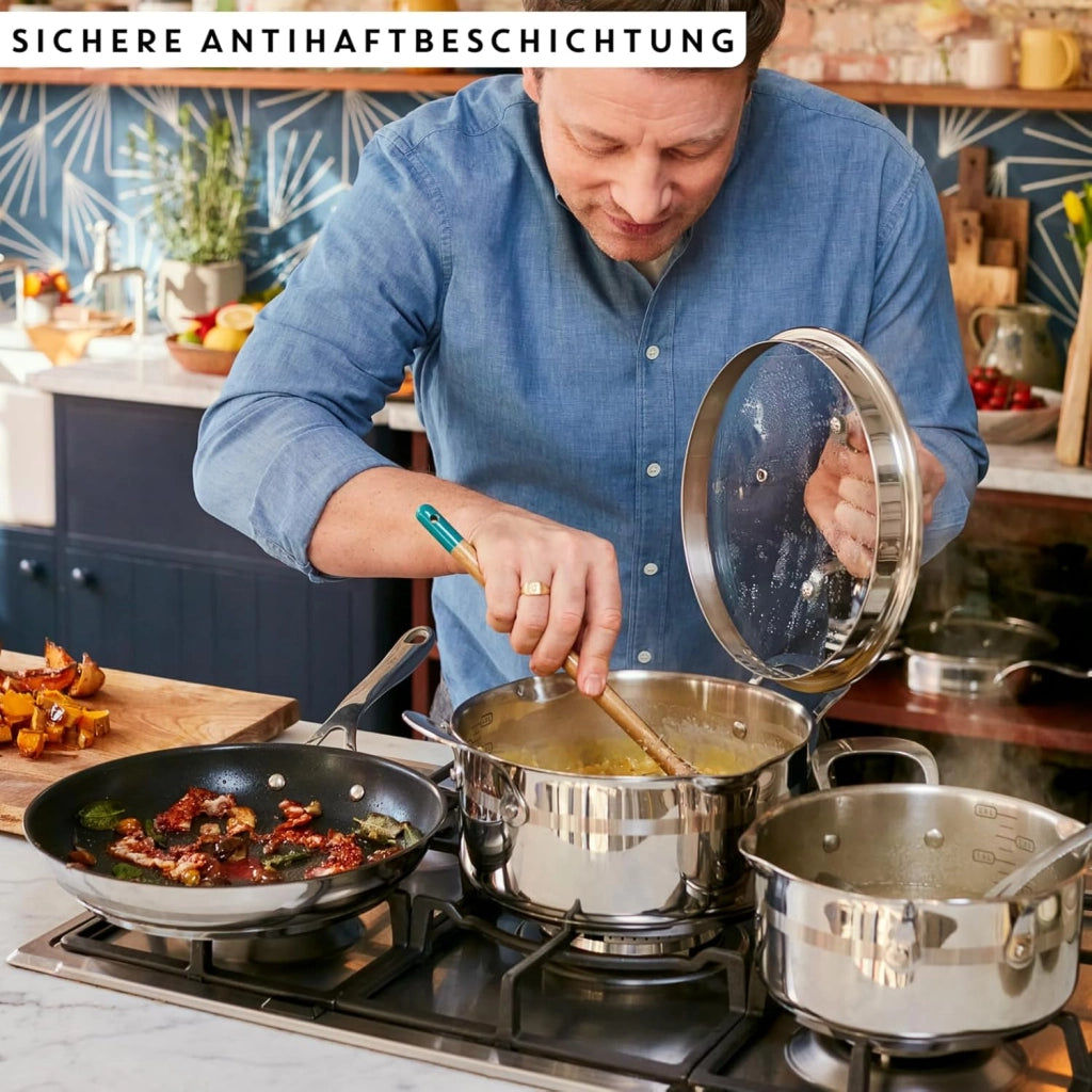 Jamie Oliver Cook Smart - Set di padelle da 20/24/28 cm, E310S3, in titanio sicuro, 2 rivestimenti antiaderenti, termo-segnale, tecnologia a induzione integrale termofusione, manico ergonomico