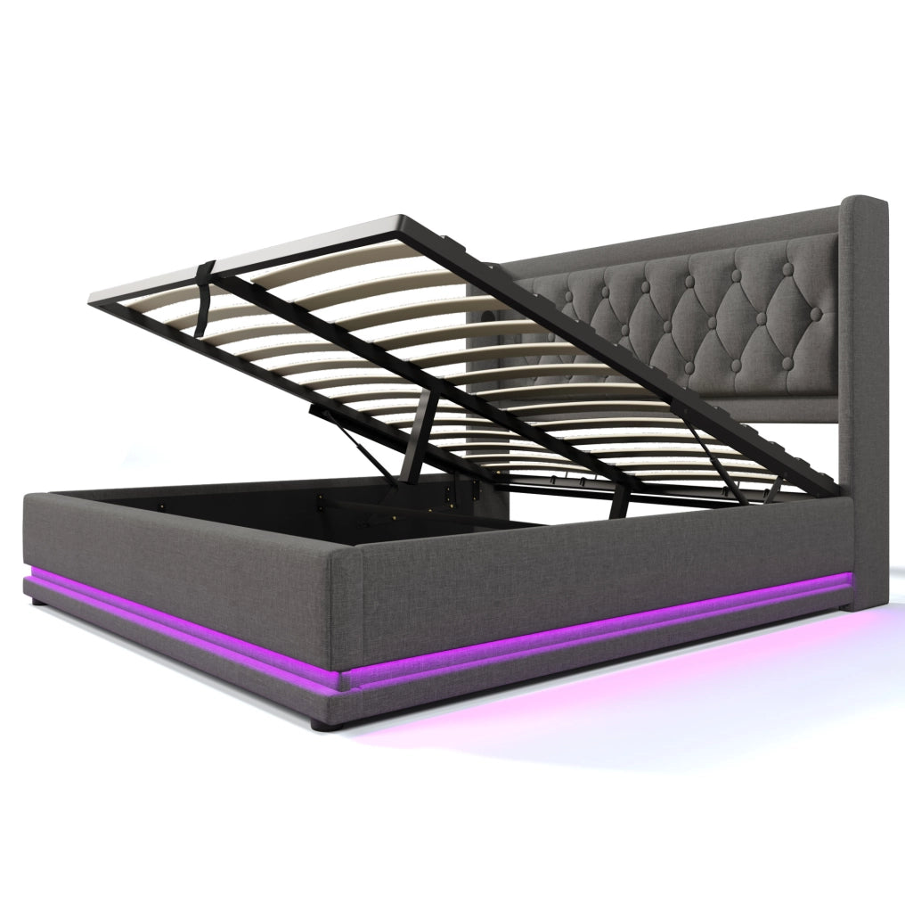 Letto matrimoniale contenitore 180x200 cm in cotone grigio con LED; USB e Type-C