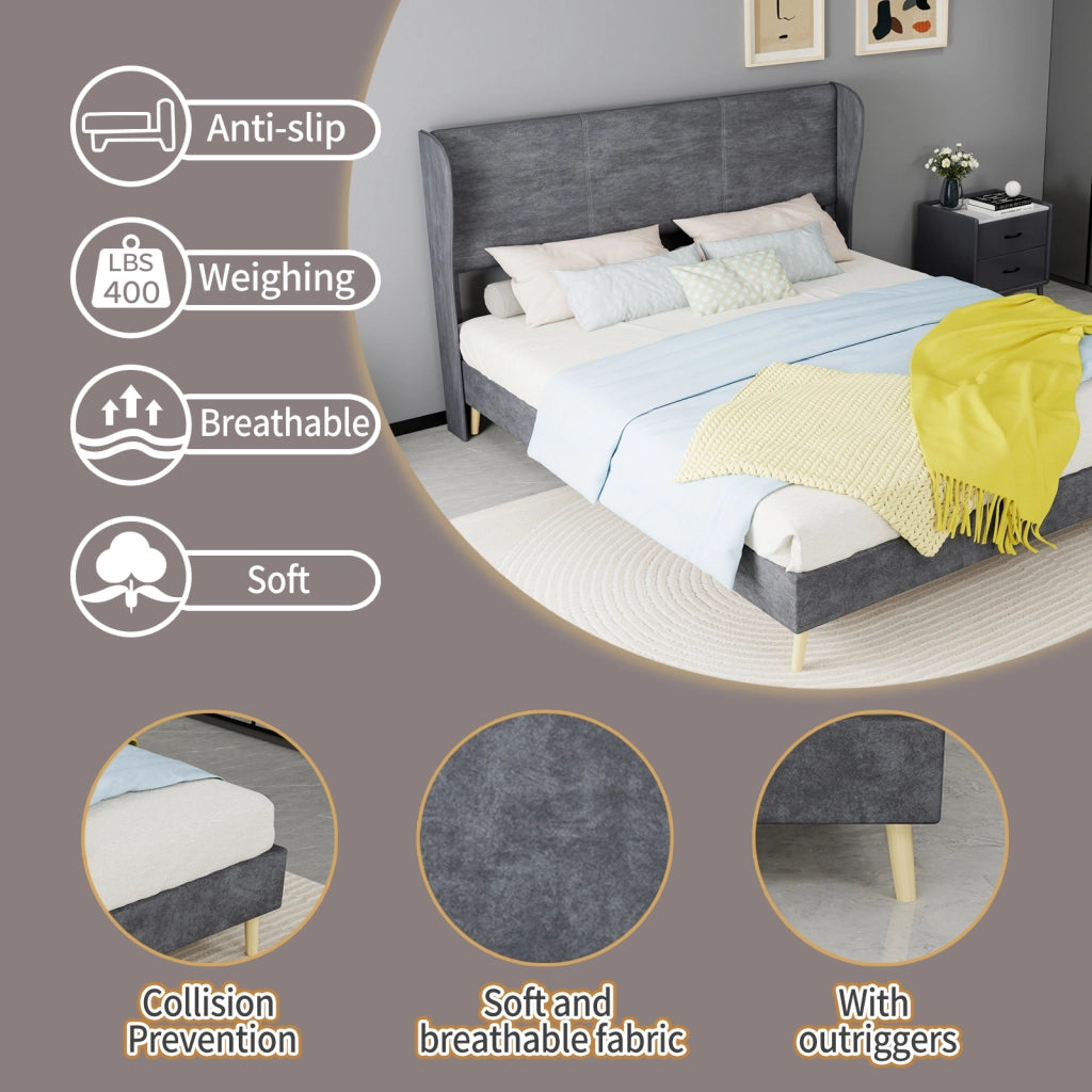 Letto matrimoniale imbottito con testiera in tessuto grigio 160x200 cm