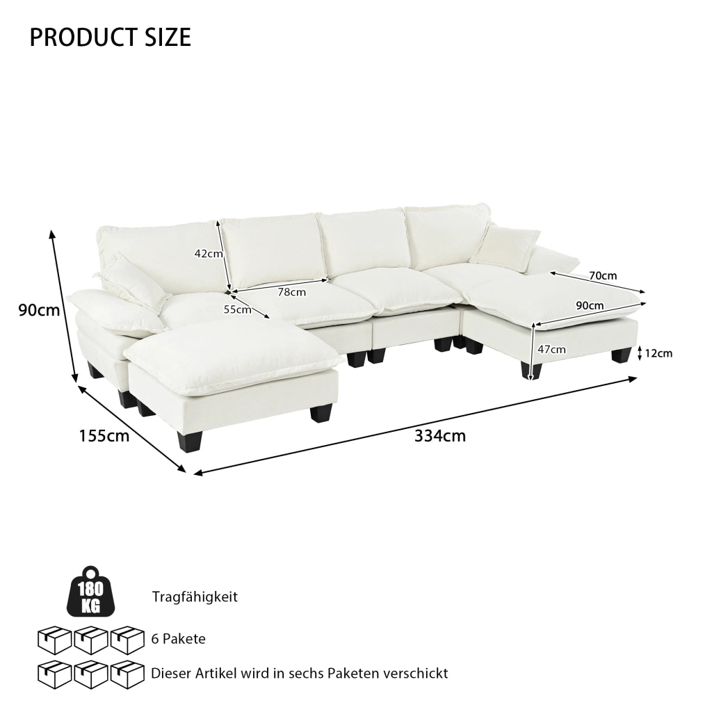 Divano panoramico a U modulare 6 posti con pouf rimovibili, in Chenille, Beige