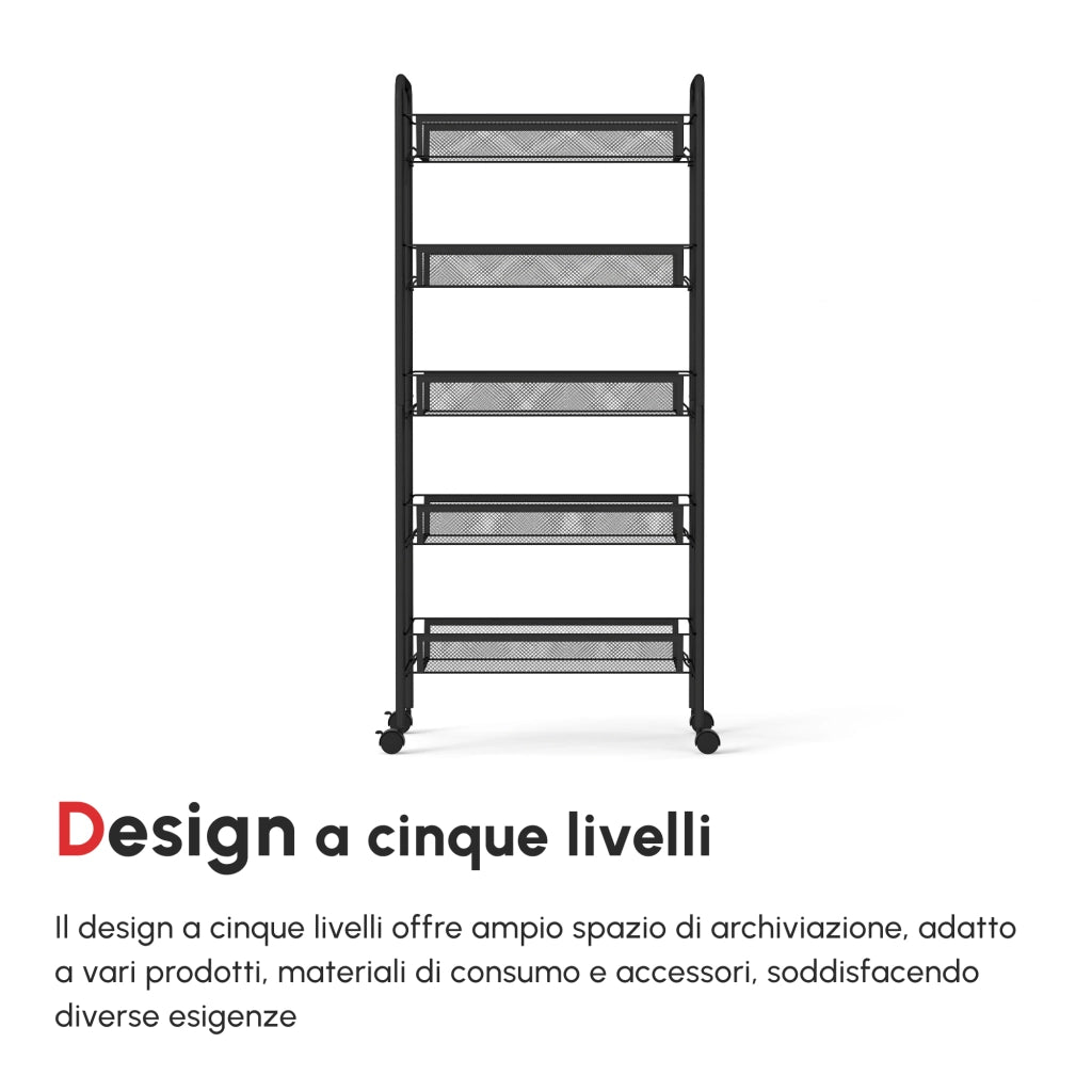 EasyComfort Carrello da Cucina Salvaspazio a 5 Livelli con Cestini a Rete in Acciaio, 45x26.5x106cm, Nero
