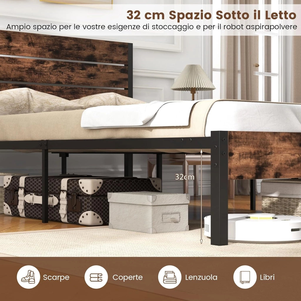 Struttura Letto Matrimoniale 200X140 cm, Letto a Piattaforma in Metallo con Testiera Alta, Doghe in Metallo e Barra Silenziosa, Carico Massimo 500 kg