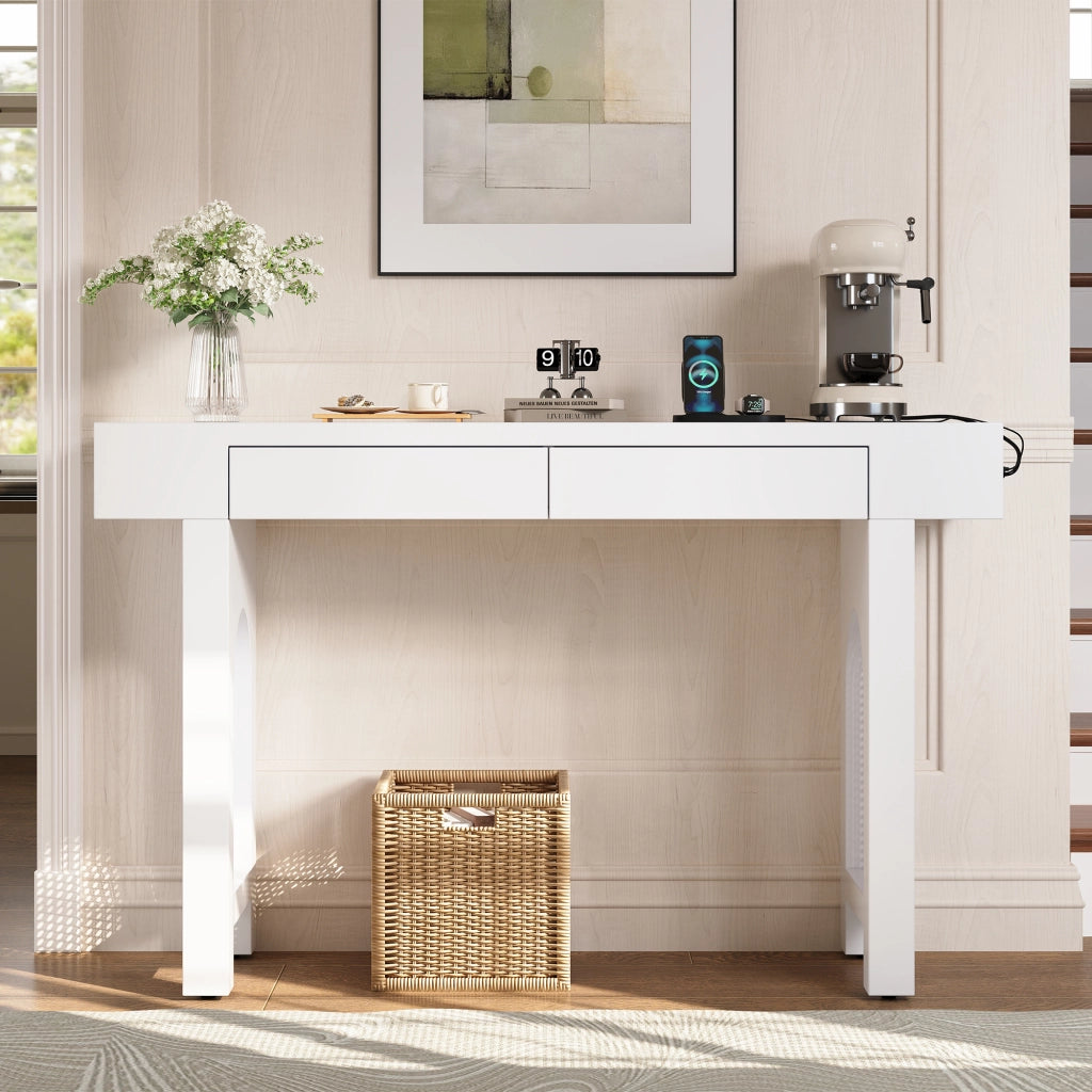 Consolle in MDF con 2 cassetti e presa integrata, design a griglia, per ingresso e soggiorno, bianco, 120 × 35,5 × 76,5 cm