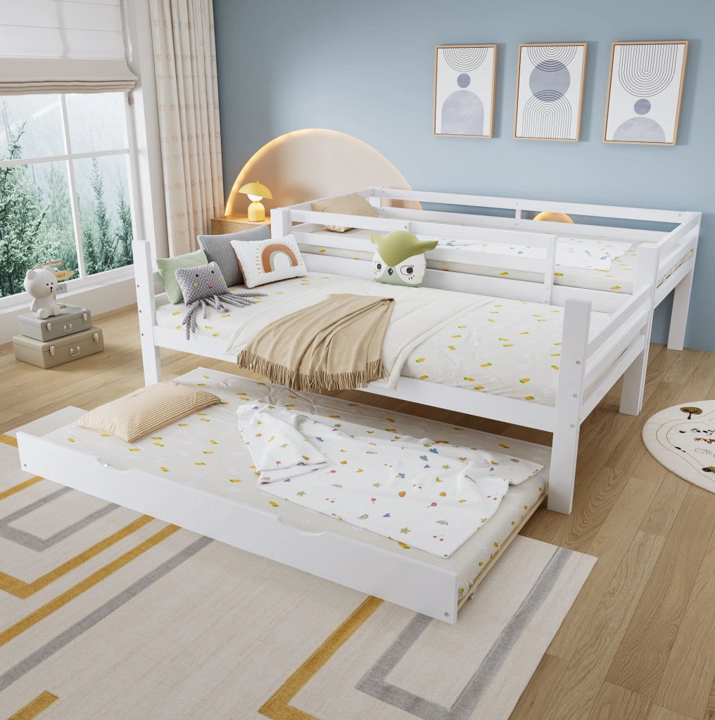 Letto a castello per bambini con letto estraibile; mensola da 2 m e scala; bianco 90x200 cm