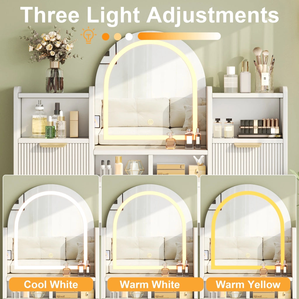 Toeletta, specchio con illuminazione a LED, 3 cassetti, 2 ante in vetro, ripiano, bianco
