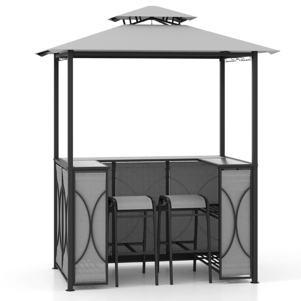 Set bar da patio a 3 pezzi con tavolo in vetro temperato ripiani in metallo-Gazebo per griglia e 2 sgabelli Grigio