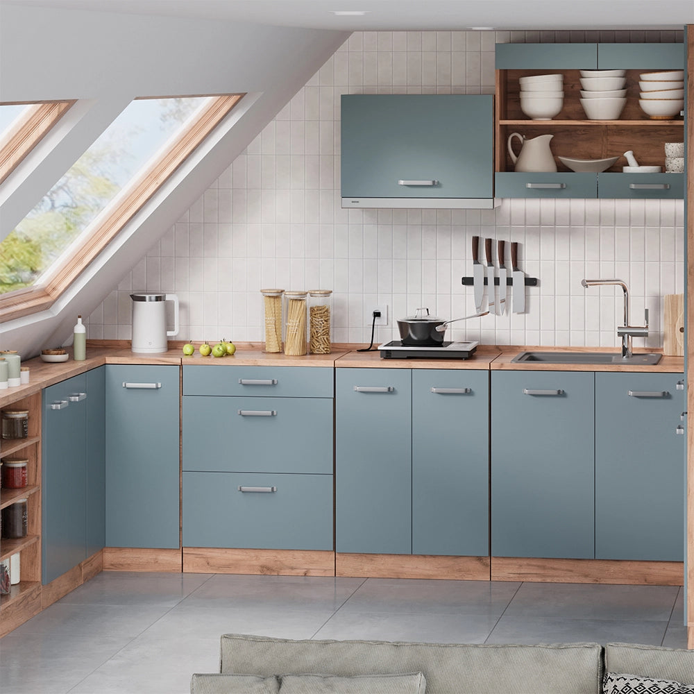 Vicco Mobile cucina sottotetto Grigio-blu/Rovere dorato 60 cm senza inclinazione con 3 cassetti