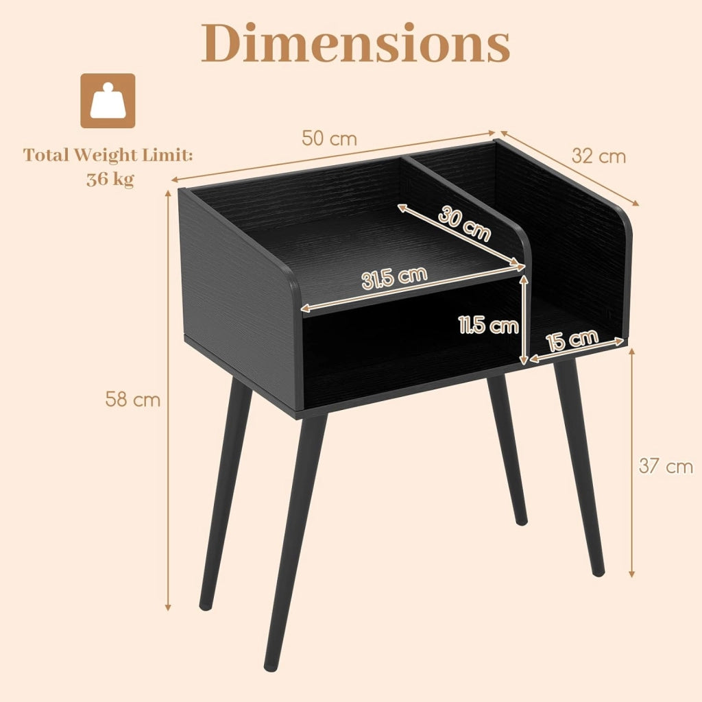 Set di 2 comodini, comodino con 3 scomparti aperti, tavolino in legno con 4 gambe di supporto in metallo, comodino per soggiorno, camera da letto, 50 x 32 x 58 cm (antracite)