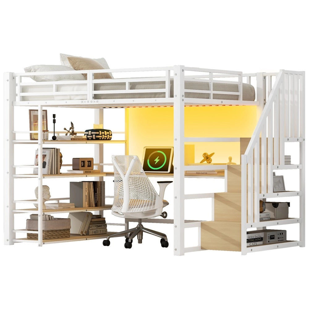 Letto a Soppalco con Scrivania, Cassetti, LED e USB ¨C MINIMAL ¨C Metallo Bianco 140x200