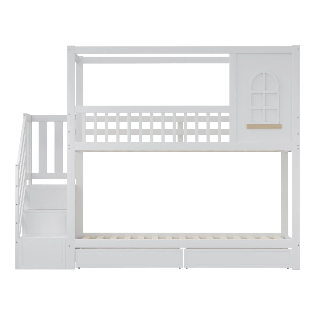 Letto a Castello 90x200 cm; Letto 2 Posti - Scala con cassetti e Ganci - Legno - Bianco