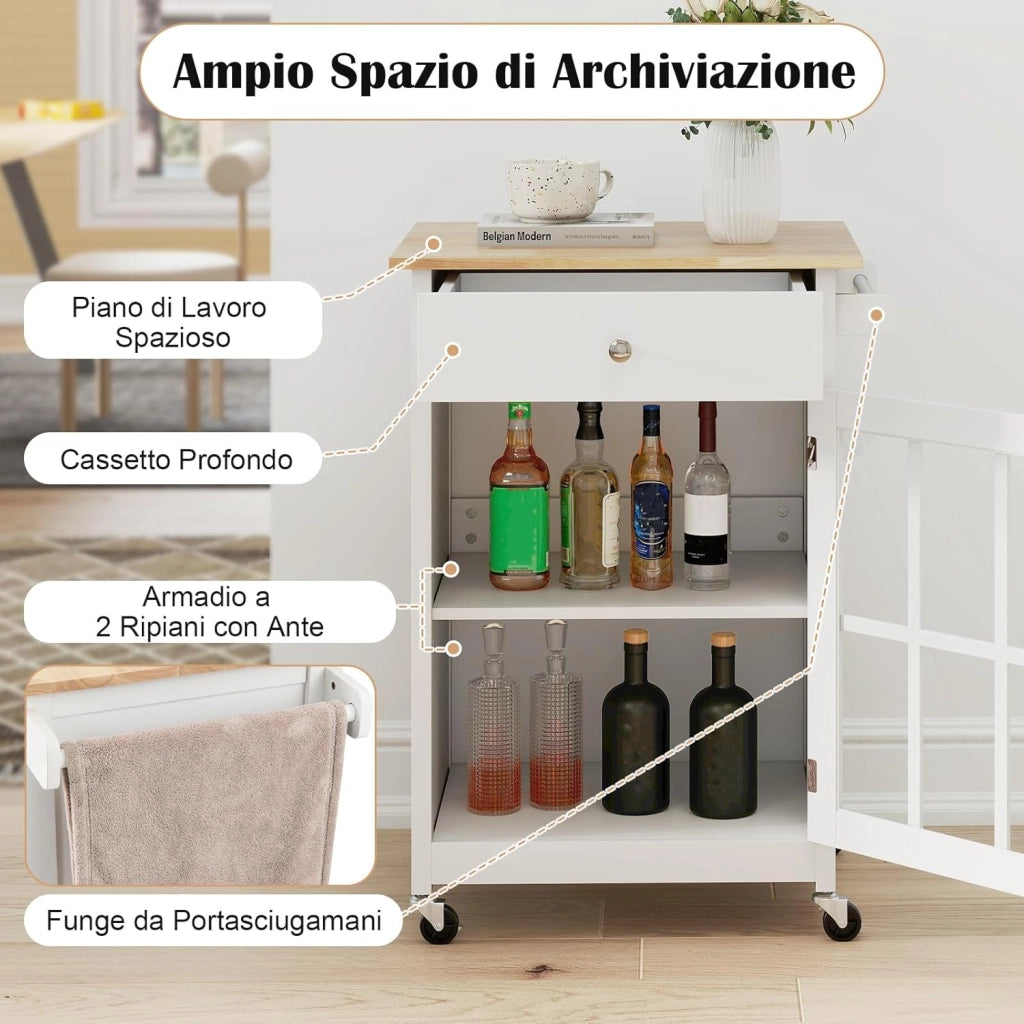 Carrello da Cucina, Armadietto Mobile con Piano in Legno di Gomma Ruote Bloccabili Cassetto e Porta Asciugamani, Carrello Isola da Cucina, 65x48,5x87,5 cm