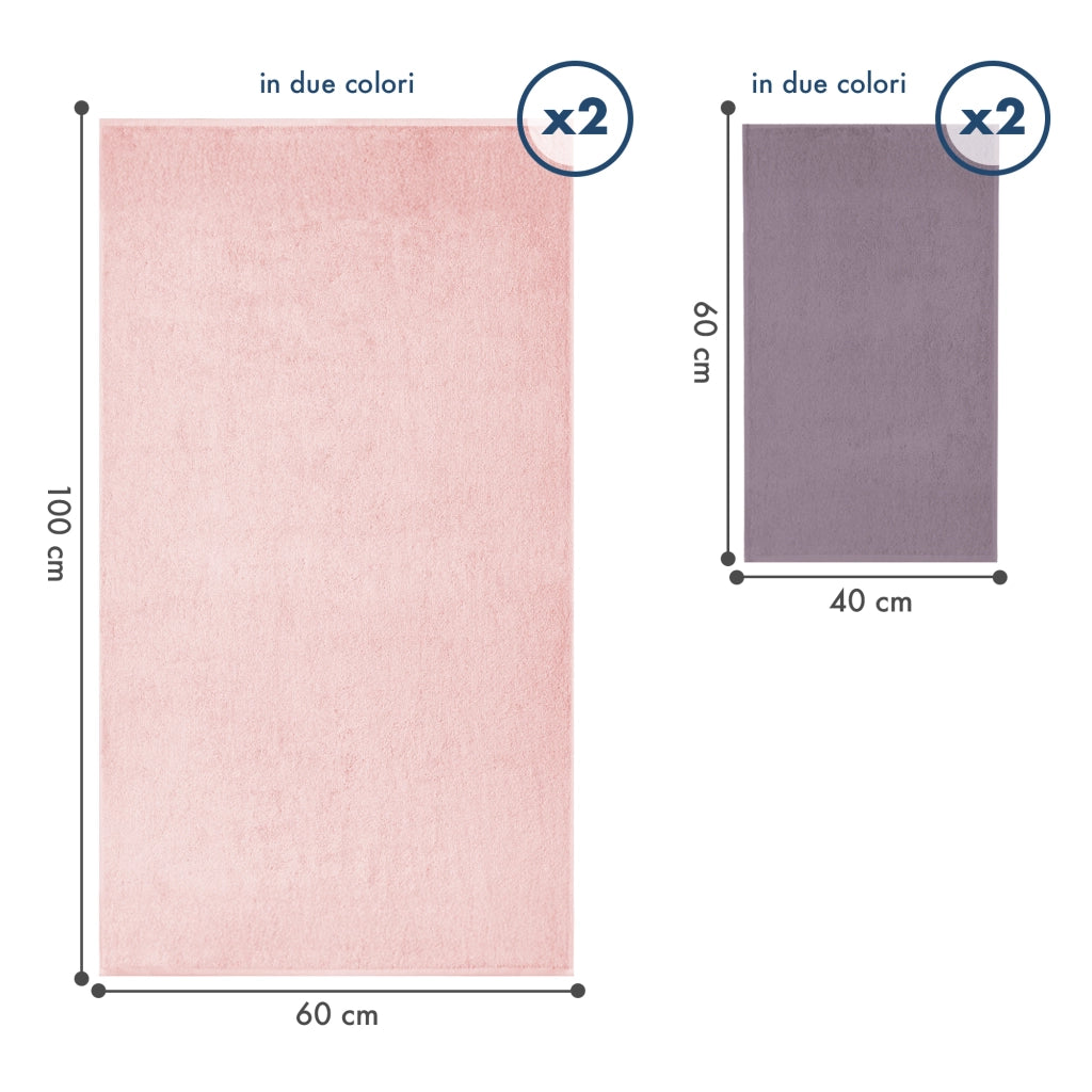 Asciugamani Bagno 100% Spugna Puro Cotone 500 Gr 4 Pezzi 2 Salvietta Viso 2 Asciugamano Ospite Mani Qualità Certificato Oeko-Tex Salviette Super Morbide Bicolore Rosa/Prugna