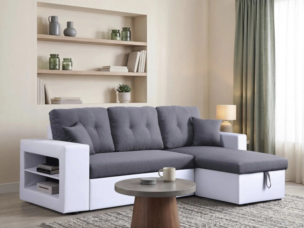 Divano ad angolo "Axel" trasformabile / reversibile - 3 posti - Bianco / Grigio