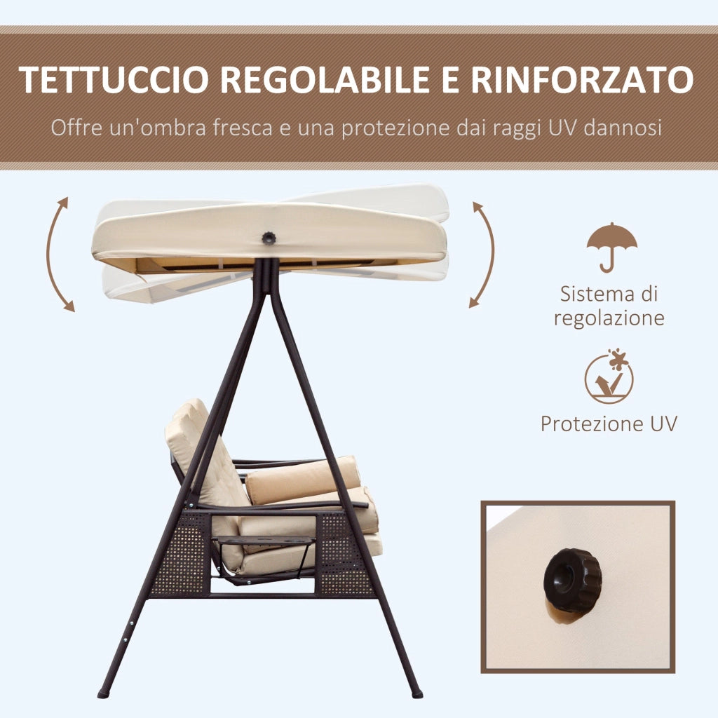 Dondolo da Giardino 3 Posti 208x121x172 cm Tetto Regolabile, Portabicchieri e Cuscini Beige
