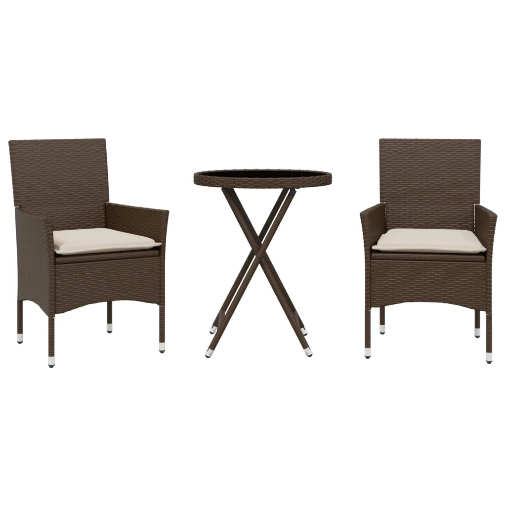 Set Bistr¨° 3 pz | Set Salotto da Giardino con Cuscini Marrone Polyrattan e Vetro
