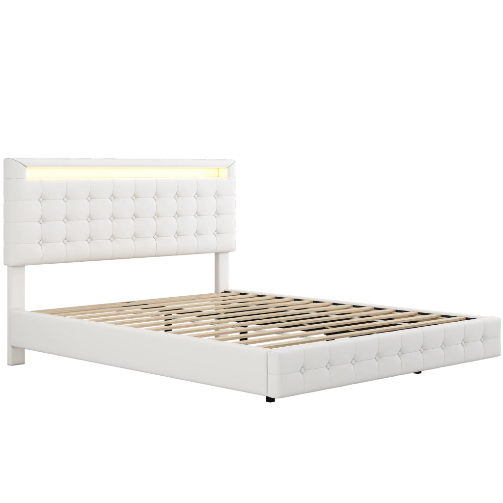 LETTO Flottante 140x200 cm in PU Bianco con LED e testiera regolabile