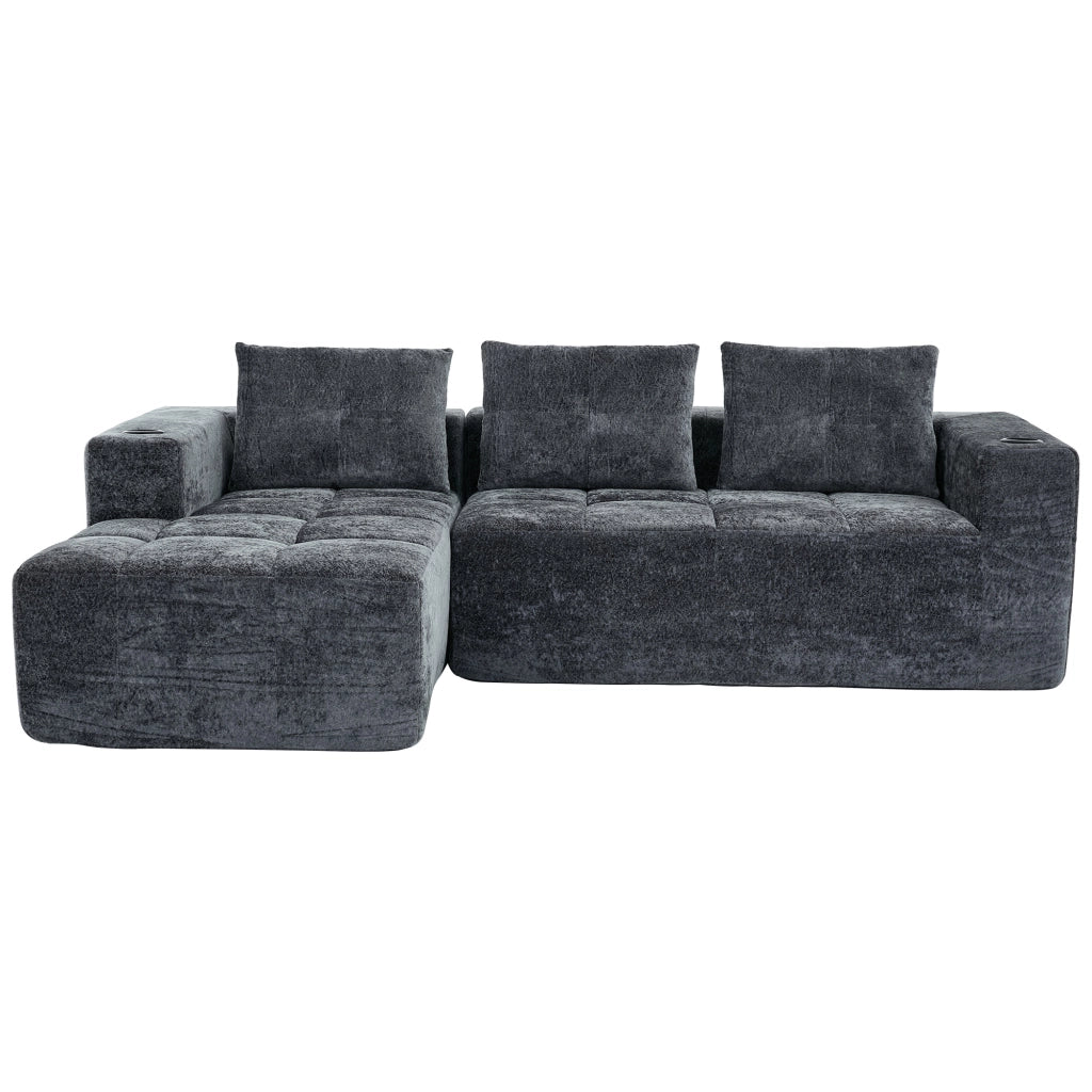 Divano ad angolo 4 e 5 posti con portabicchieri, in Chenille Grigio