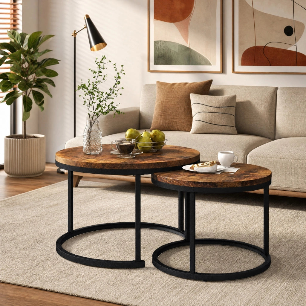 Set di 2 tavolini da caffè rotondi impilabili, colore legno/Brown, in MDF con struttura in metallo