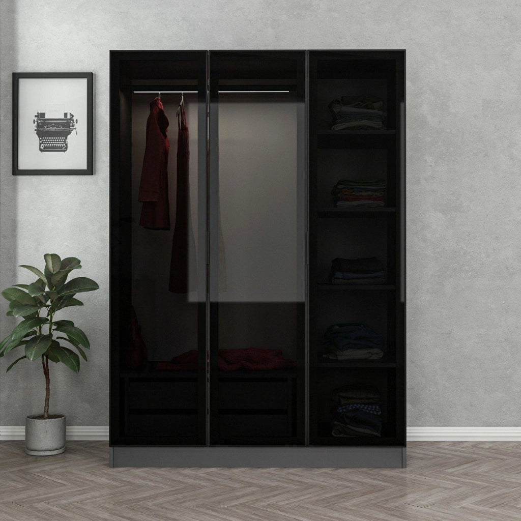 Armadio Camera da Letto Gerrei, Guardaroba 3 Ante Appendiabiti, 135x52 cm Nero Antracite