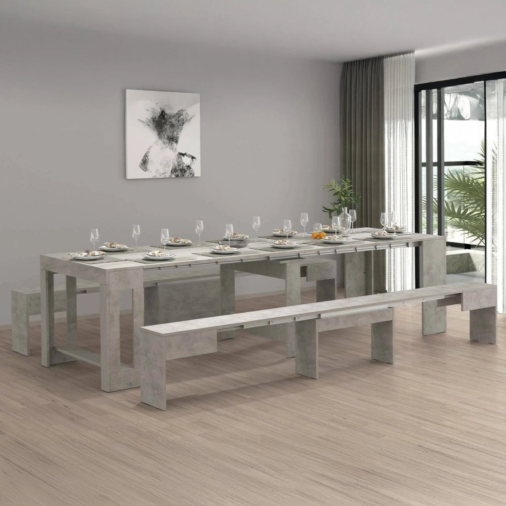 Set tavolo e sedie Auditore, Composizione multiuso, Set con consolle e 2 panche allungabili, 100% Made in Italy, 66x25h45 cm, Grigio