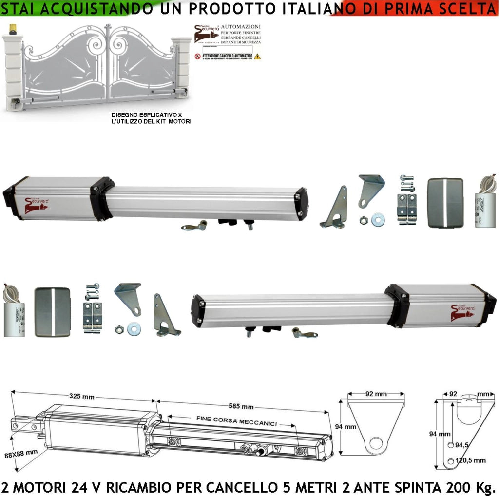 Pistoni Elettromeccanici 24 Vcc Ricambio Cancello Automatico 5 Metri 2 Ante 2,5 MT 2 Motoriduttori Corsa 400 mm Spinta 2 Q.li Kit Staffe Chiave Sblocco al Carrello di Traino Compatibili a Qualsiasi Elettronica BTF Poteco Misure 910X88X88 mm
