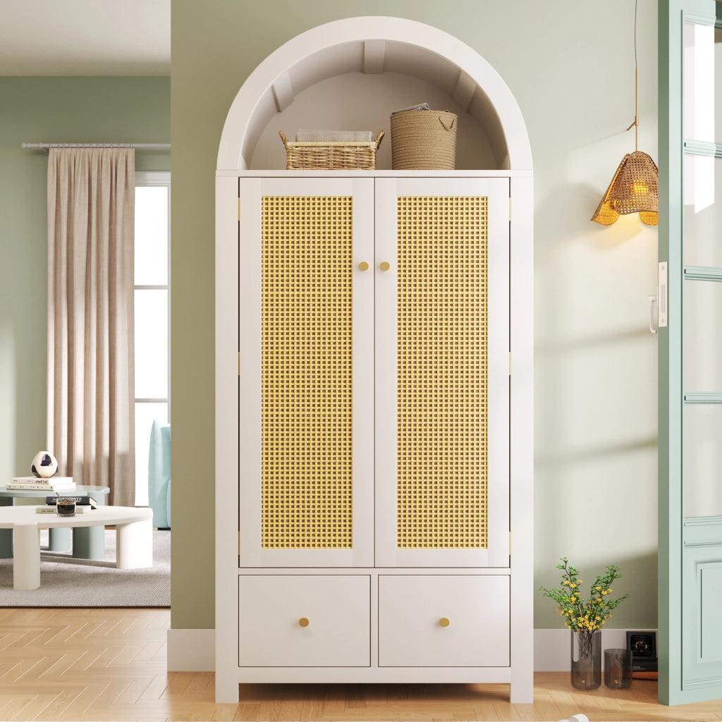 ARMADIO 181x78x45 cm con frontali in rattan, bianco, 2 cassetti