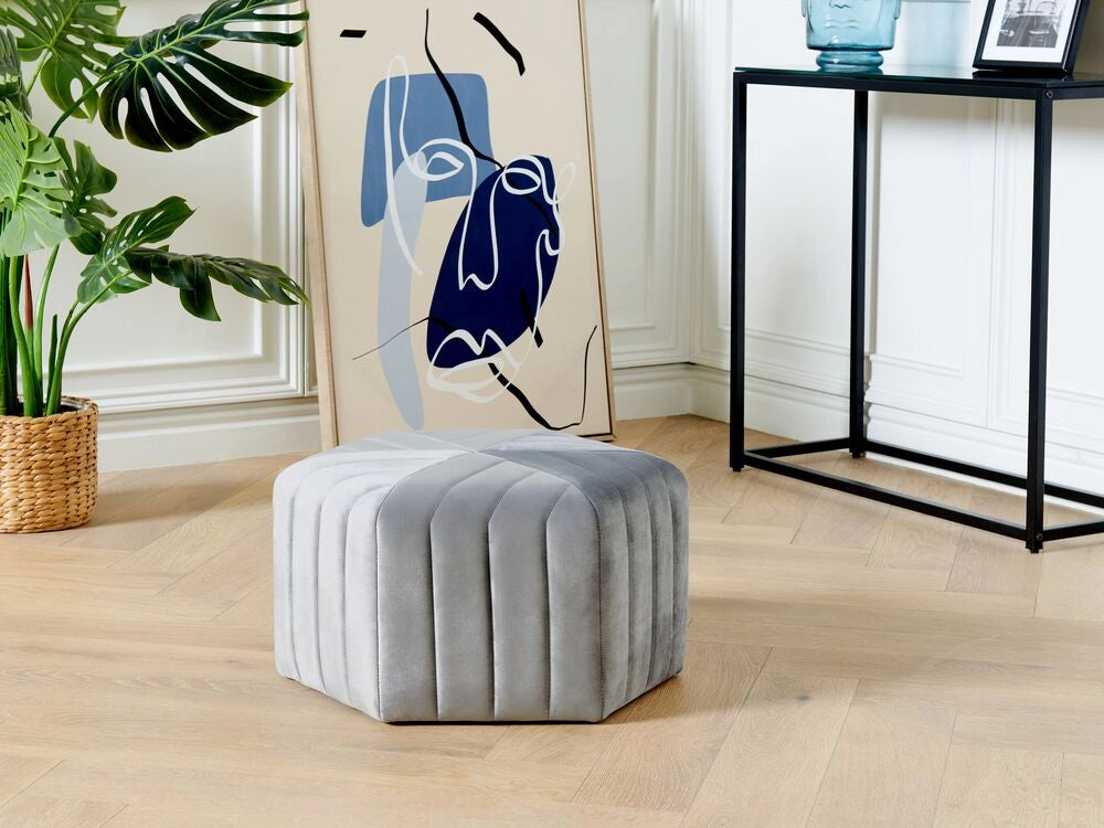 Pouf Velluto Grigio 29 x 53 x 48 cm Poggiapiedi Esagonale Imbottito Glamour