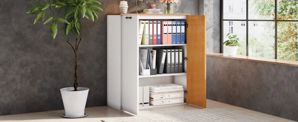 Highboard 80x40x110 cm in MDF bianco e rovere, mobile contenitore moderno per ufficio