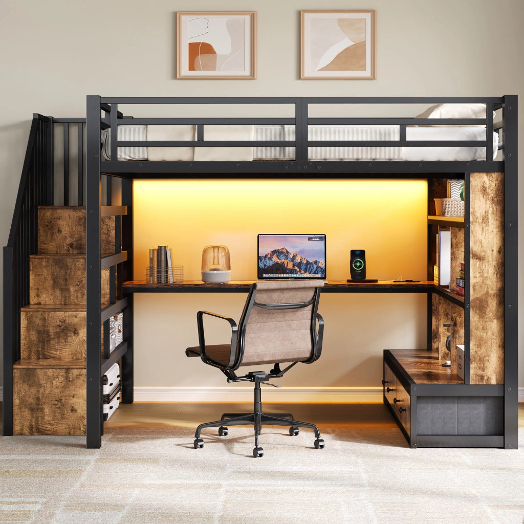 Letto a soppalco 140x200 cm con scrivania; libreria; cassetti e scala; nero