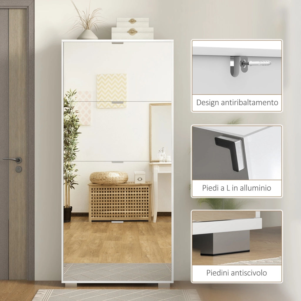Scarpiera Salvaspazio Slim con Specchio e 4 Cassetti 24 Paia di Scarpe 76x26x178 cm Bianco