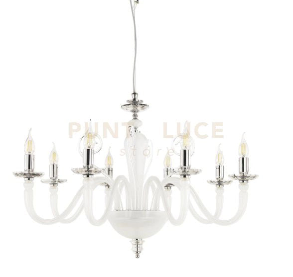 LAMPADARIO DEBUSSY 8 LUCI BIANCO SATINATO CROMO ATTACCO E14 D.84CM